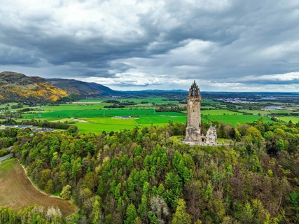 The National Wallace Monument or William Wallance Monument from a drone, Stirling, Scotland,