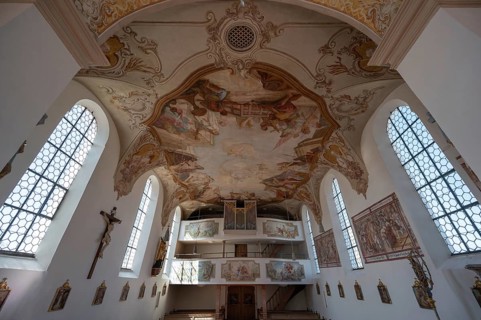 Organ loft and ceiling frescoes of St Laurentius and Agatha Church, Frankenhofen, Kaltental,
