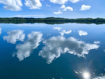 Reflection of white clouds cumulus in lagoon of Yap Island in Pacific Ocean, Caroline Islands, Yap