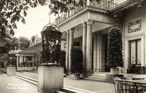 Historical postcard, picture postcard, terrace of the spa hotel, Wiesbaden, Hesse, Germany,
