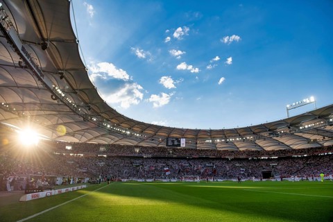 Long shot, overview, main stand, Cannstatter Kurve, evening sun, evening, atmospheric, flooded with
