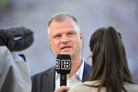 Chief Sports Officer Fabian Wohlgemuth VfB Stuttgart in front of TV camera in interview Microphone