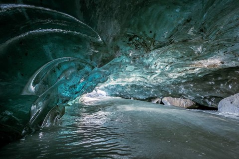 Glacier cave, ice cave, Morteratsch Glacier, Engadin, Grisons, Switzerland, Europe