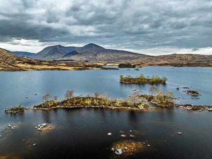 Rannoch Moor from a drone over Loch Ba and Loch of the Armpit, A82 Highland Way, Argyll and Bute,