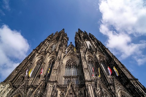 Cologne Cathedral, view of the west façade, on the north tower one of the rare occasions almost