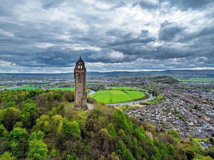 The National Wallace Monument or William Wallance Monument from a drone, Stirling, Scotland,
