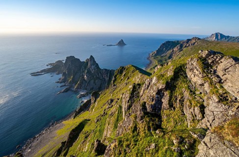 View from the summit of Måtind or Måtinden, view of picturesque coastal landscape, rocky coast and