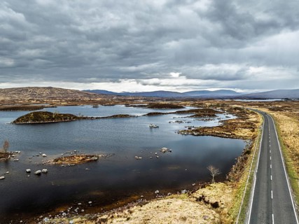 Rannoch Moor from a drone over Loch Ba and Loch of the Armpit, A82 Highland Way, Argyll and Bute,
