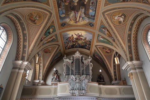 Organ loft of the parish church Mariä Himmelfahrt, Thaur, district Innsbruck, Tyrol, Austria,
