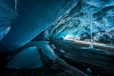 Glacier cave, ice cave, Morteratsch Glacier, Engadin, Grisons, Switzerland, Europe
