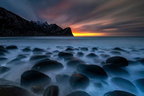 Rocky coast with surf, Unstad Beach, Lofoten, Norway, Europe