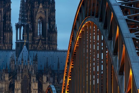 Cologne Cathedral and the Hohenzollern Bridge illuminated with LED lights, Cologne, North