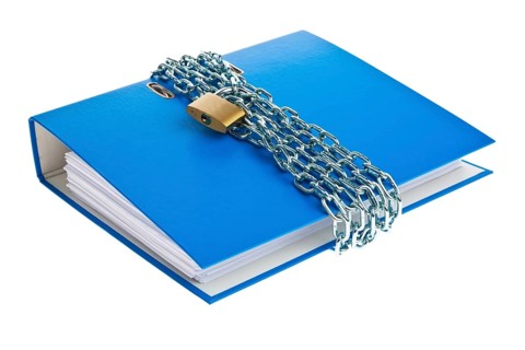 A blue file folder with chain and padlock, studio
