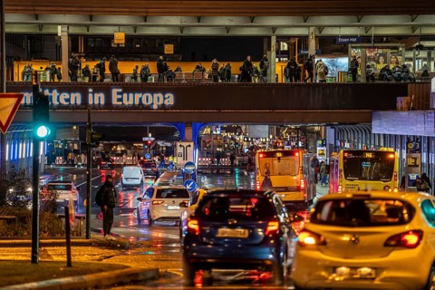 Central station in the city centre of Essen, dense traffic, local train, bus station, local buses,