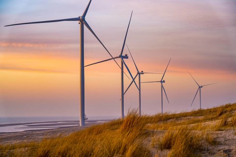 ENECO wind farm on the dike around the harbour Maasvlakte 2, 22 wind turbines with a capacity of