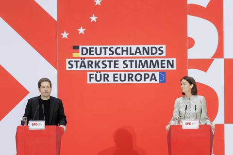 Kevin Kuehnert, SPD Secretary-General, and Katarina Barley, SPD lead candidate for the 2024