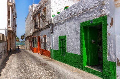 Small alley with colourful house facades, Rota, Andalusia, Spain, Europe