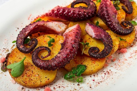 Octopus with potatoes and spices, on a light plate, top view, no people, homemade, close-up