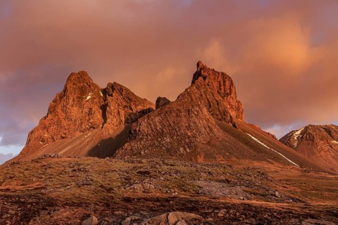 Morning light and clouds over steep mountains and rocks, Eystrahorn, East Iceland, Iceland, Europe