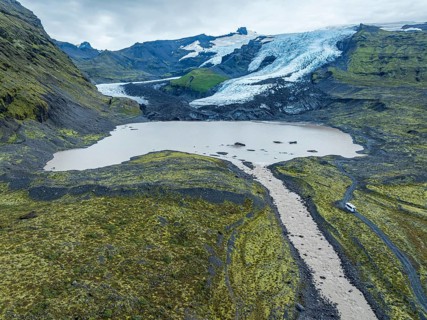Aerial view of glacier Falljökull, a glacier tongue of Vatnajökull glacier, glacial lake, Iceland,
