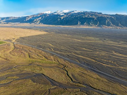 Wide valley of the Markarfljot river, glacier Eyjafjallajökull, Fljotsdalur valley, mountain road