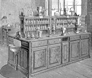 A worktable from the laboratory in Leipzig, Germany, in 1870, historical, digital reproduction of