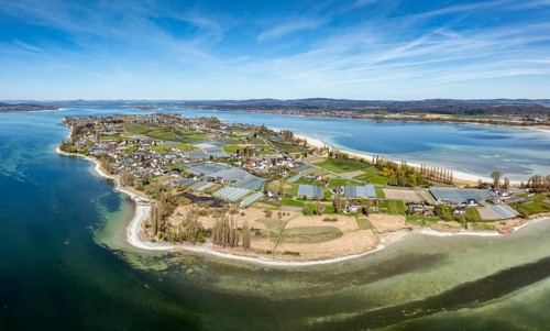 Aerial view, panorama of the island of Reichenau at low tide and spring-like vegetation, Lake