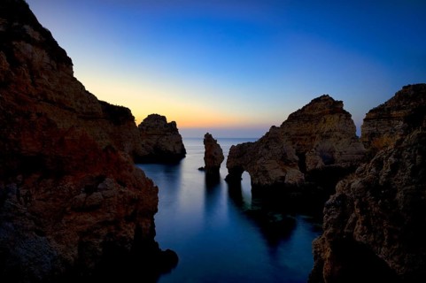 Coloured cliffs and sunrise, rocks in the sea, Ponta da Piedade, Lagos, caves, cliffs, Atlantic