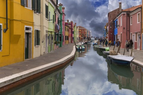 Colourful houses on the canal in Burano, Venice, Italy, Europe