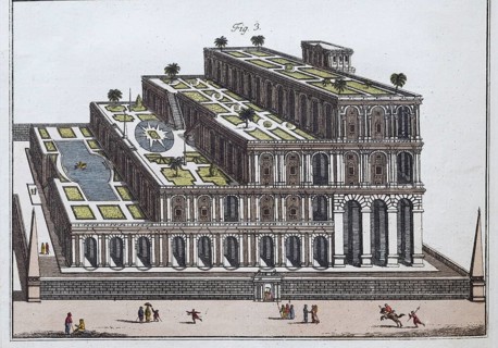 Hanging Gardens of Semiramis of Babylon, the seven wonders of the world, hand-coloured copperplate