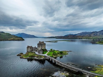 Eilean Donan Castle and Loch Duich from a drone, Isle of Skye, Highlands, Scotland, England, United