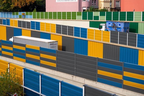 Colourful noise barriers on the A52 motorway, at the Essen-Rüttenscheid junction, the noise