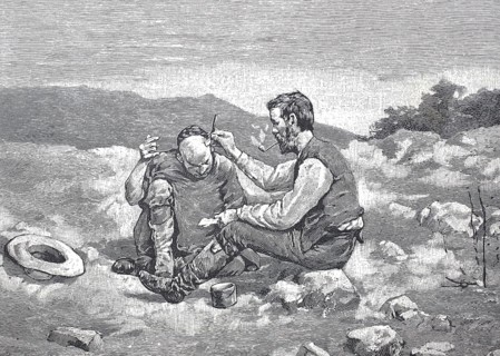 Open-air shaving and barber shop, barber, in California during the gold rush era, 1850, USA,