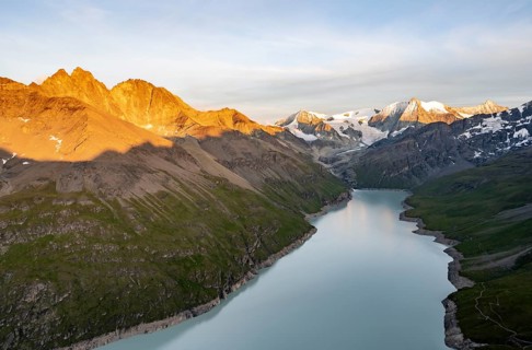 Picturesque mountain landscape at the summit Mont de la Blana at sunset, view of blue mountain