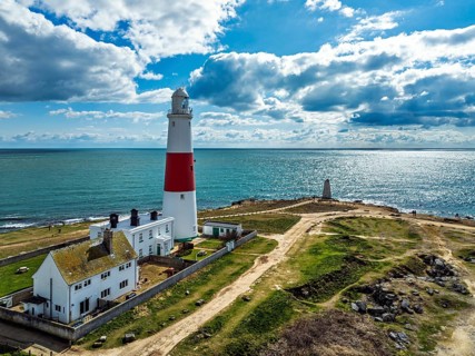 Portland Bill Lighthouse from a drone, Portland Bill, Isle of Portland, Dorset, England, United