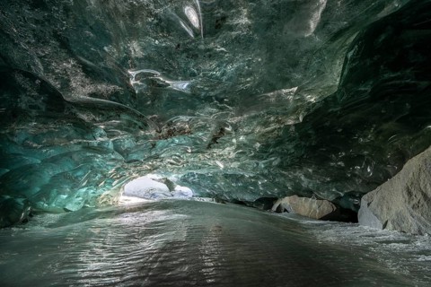 Glacier cave, ice cave, Morteratsch Glacier, Engadin, Grisons, Switzerland, Europe