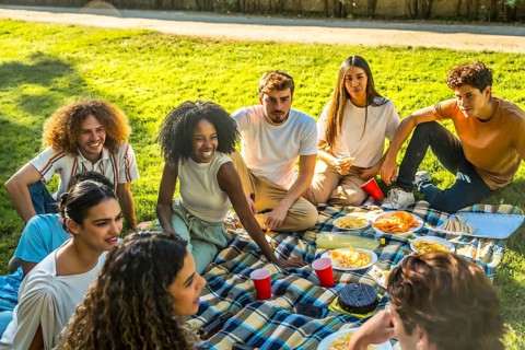 Multi-ethnic friends enjoying nature sitting on picnic blanket drinking beverages and eating snacks