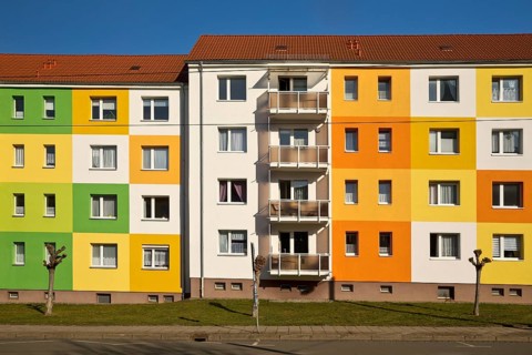 Geometrically and colourfully designed apartment buildings of a housing association, Halberstadt,