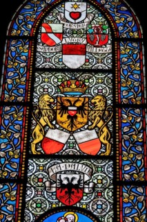 Colourful stained glass windows, Notre-Dame Cathedral, former episcopal church of the diocese of