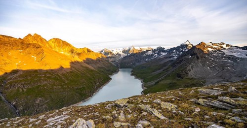 Picturesque mountain landscape at the summit Mont de la Blana at sunset, view of blue mountain
