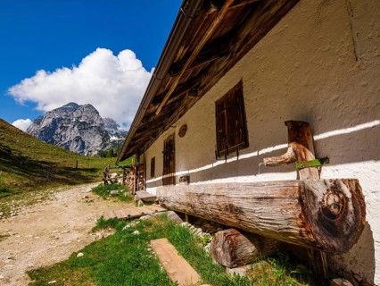 Wooden fountain trough at the Halsalm, with the Reiteralpe above, Ramsau near Berchtesgaden,