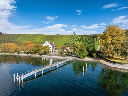 Aerial view of the jetty at the historic Rebgut Haltnau with catering business, outdoor catering