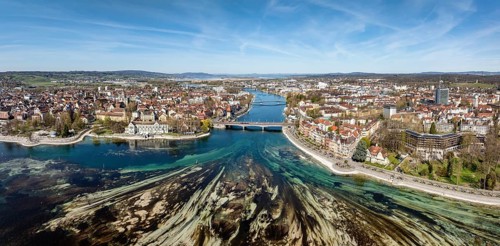 Aerial view, panorama of Lake Constance and the Seerhein also Rhine funnel at low water with the