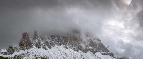 View of part of the Odle group from the Gampen meadow, Dolomites, snow, Puez-Odle nature park Park,