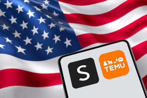 Temu and Shein app logo online marketplace from China with USA United States of America flag online