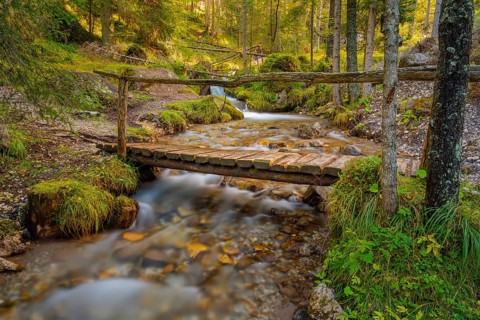 View of a rustic wooden bridge leading over a torrent, long exposure, Dolomites, Puez-Geisler