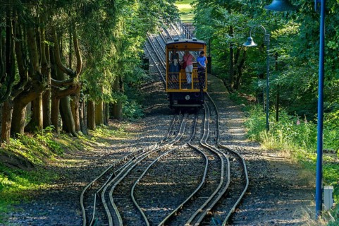 Historic funicular railway, rack and pinion funicular railway with water load on tracks,