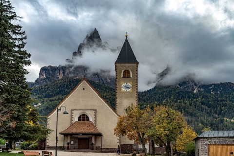 The Church of the Holy Cross in Siusi allo Sciliar, South Tyrol, Italy, Europe