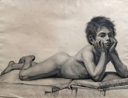 Naked child lying on his stomach, painting by Jean-Baptiste Cariven (1843 to 1904, French painter,