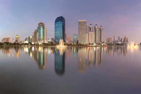 Benjakitti Park, eastern water zone with water fountain, a municipal park in the Khlong Toei